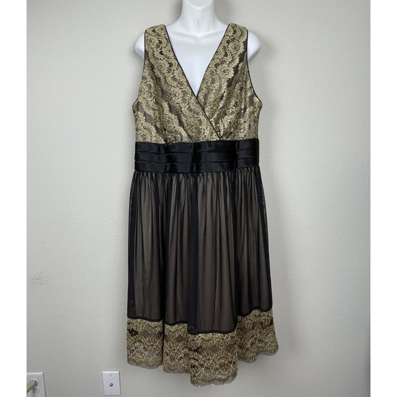 R&M Richards Woman Dress 16W Black Gold V-Neck Party‎ Formal Chiffon Overlay - Picture 1 of 8